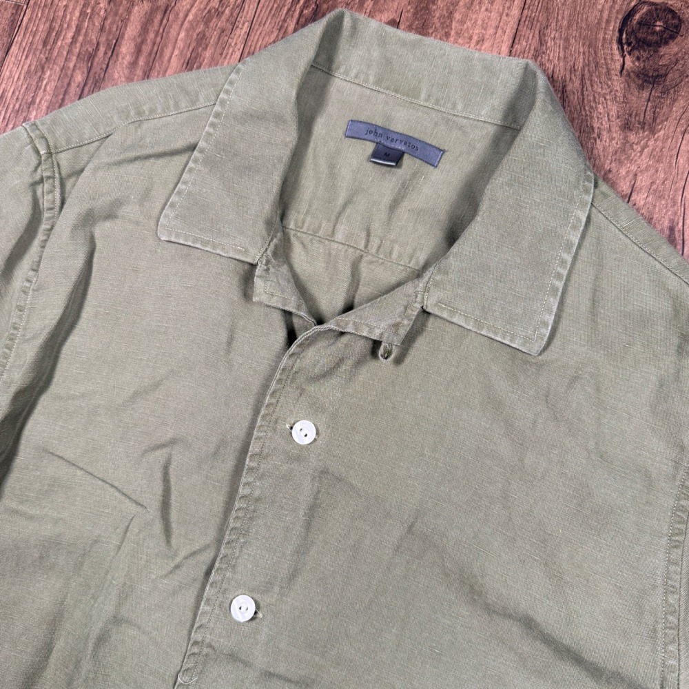 John Varvatos Lyocell Linen Camp Shirt Men M Olive Green Button Down Loop Collar